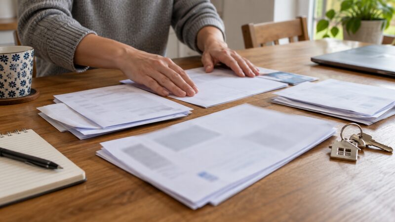 Hands smooth a document on a kitchen table covered with mortgage application paperwork.