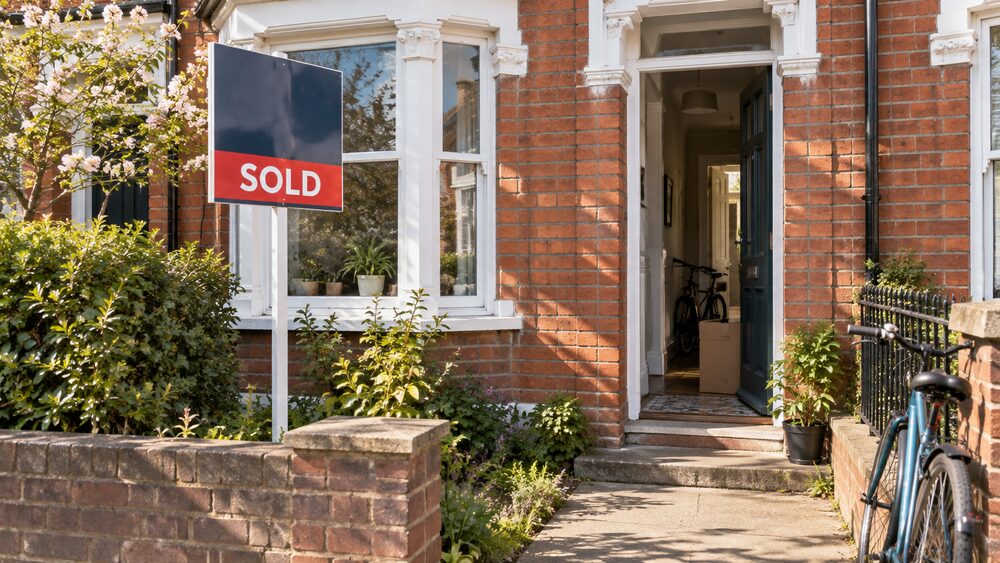 A sold board stands in the garden of a red-brick terrace with the front door open and bikes visible.