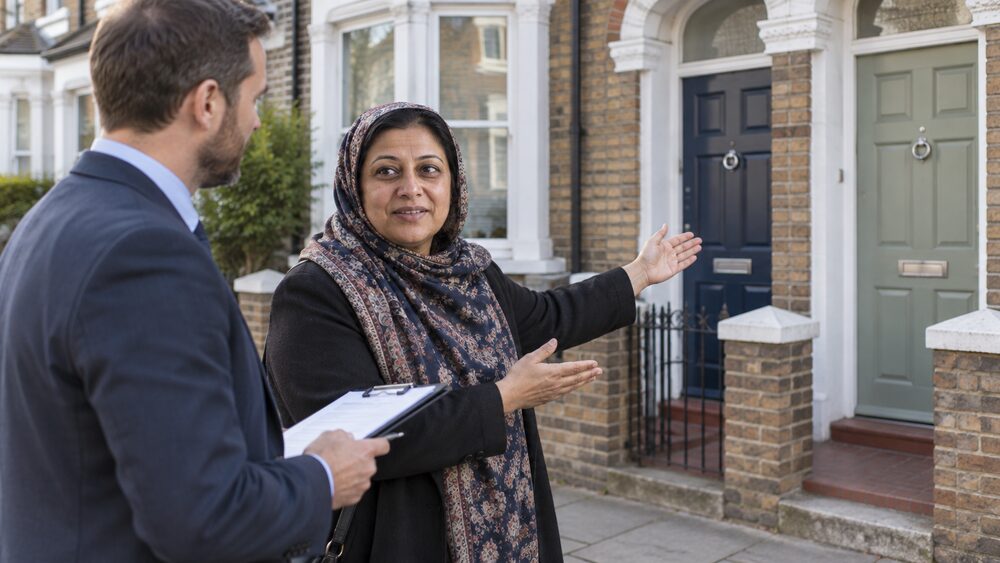 A woman gestures towards two front doors of a terraced building while an agent holds a clipboard.