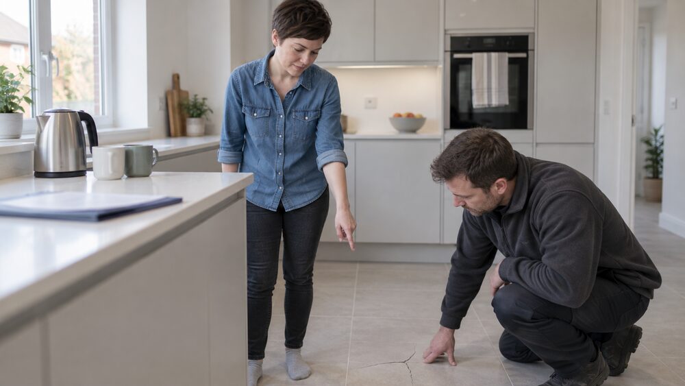 A woman points at a cracked floor tile while a customer care worker crouches to inspect it in a kitchen.