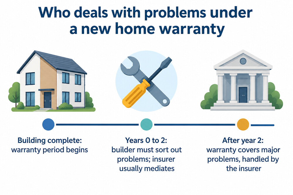 A timeline of a new build warranty, showing the builder's two-year period followed by insurer cover for major problems