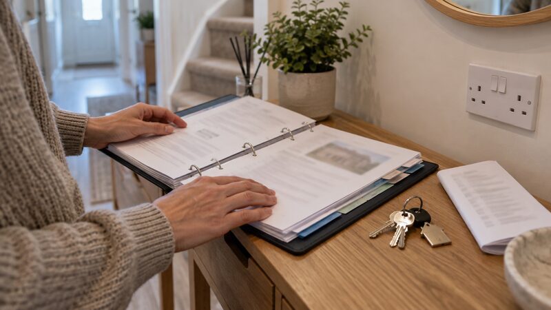 An open ring-bound welcome pack lies on a shelf beside keys and a folded list.