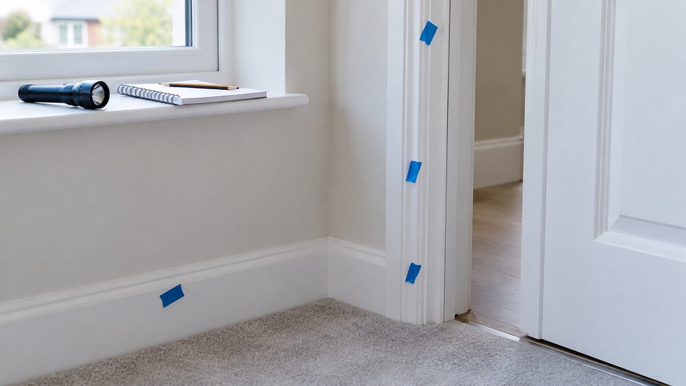 Torn masking tape marks a freshly painted door frame with a torch and notepad on the windowsill.