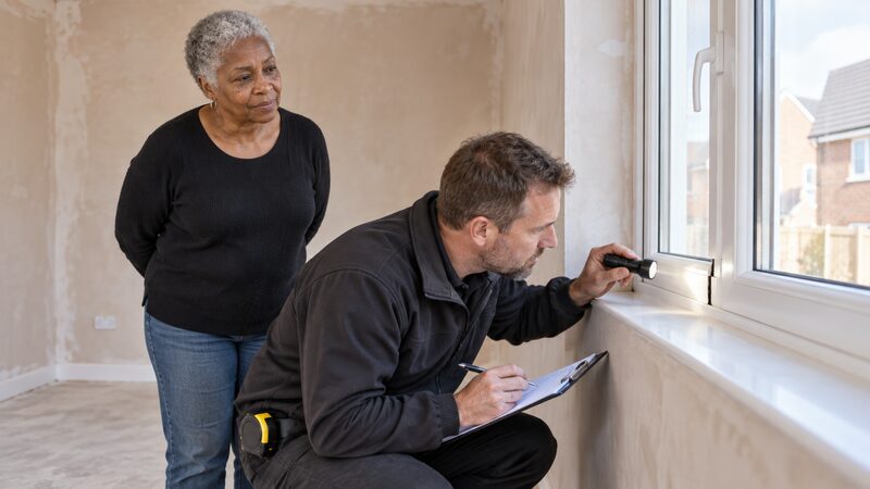 An inspector crouches at a window frame with a torch while a woman watches.