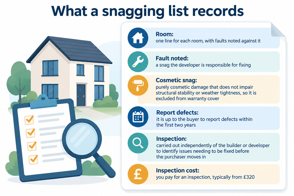 A snagging list with rooms down one side and faults noted against each