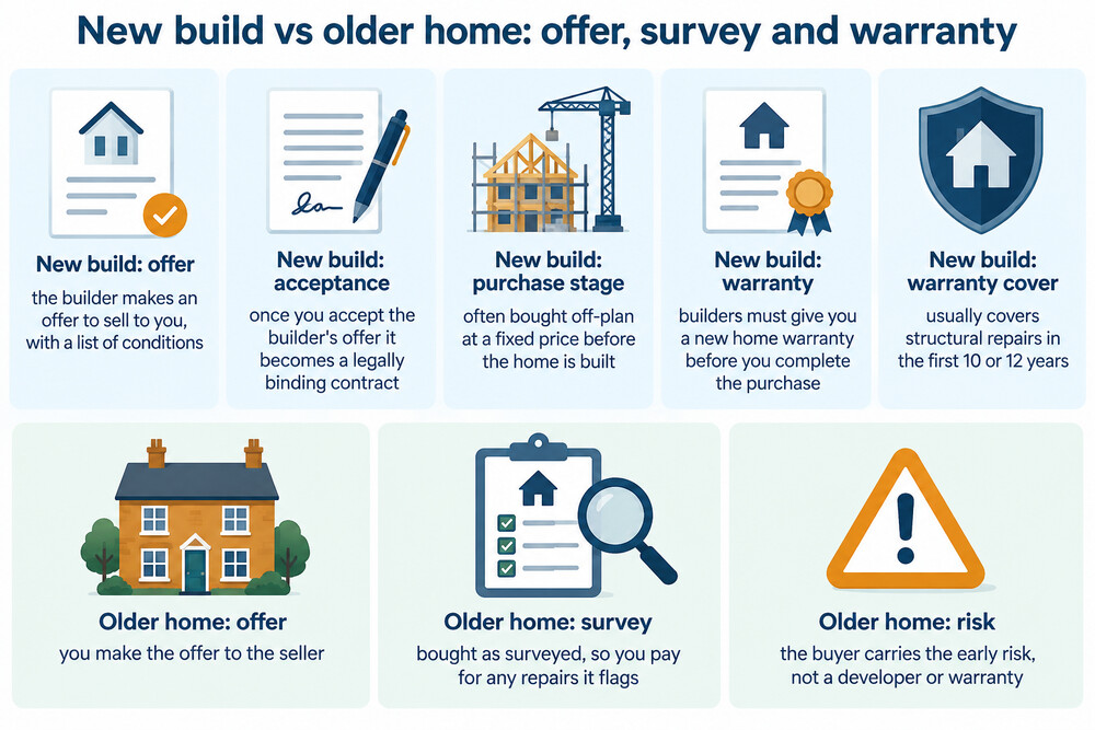 A side by side comparison of a new build purchase and an older home purchase, showing the offer, survey and warranty steps