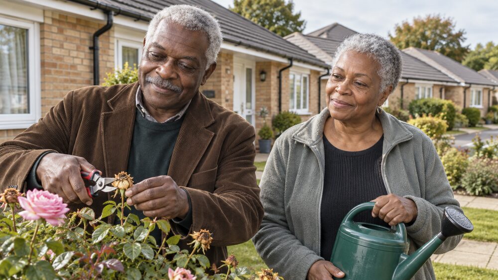Two retired people tend the front garden of a modern bungalow on a quiet shared ownership development.
