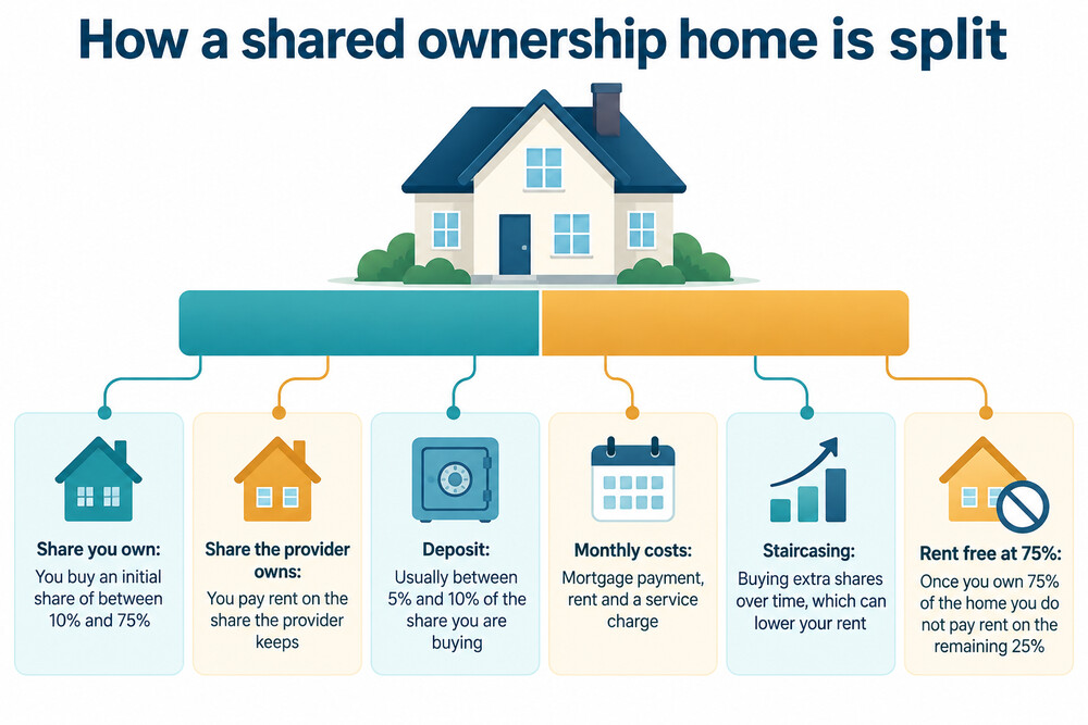 A simple diagram showing a home split into a share you own and a share the housing provider owns, with rent paid on the provider's share