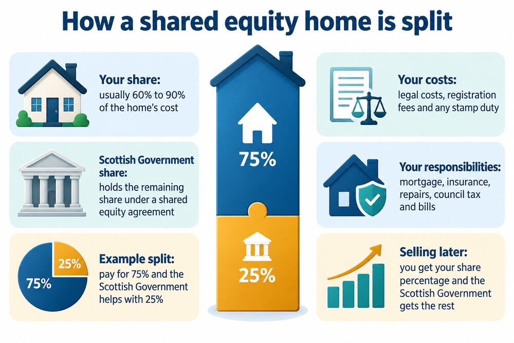 A simple diagram showing a home split into a buyer's share and the Scottish Government's share