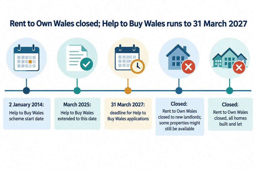 A simple timeline showing Rent to Own Wales closing while Help to Buy Wales continues to 31 March 2027