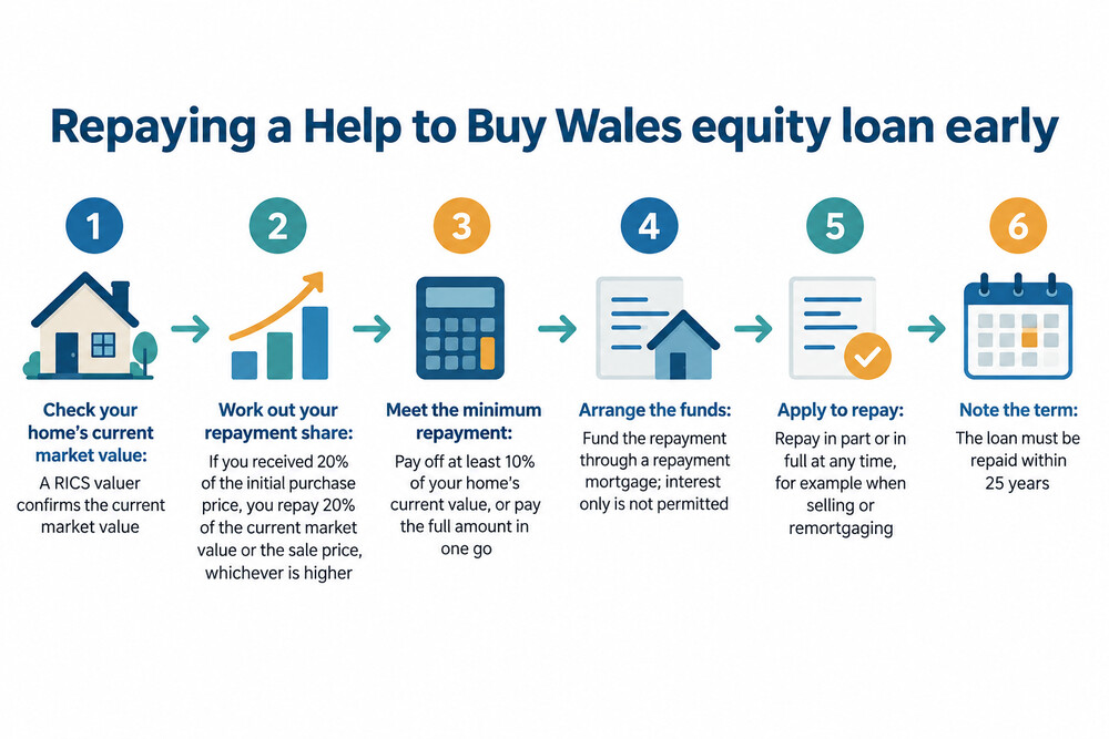 A step-by-step diagram of the process for repaying a Help to Buy Wales equity loan early