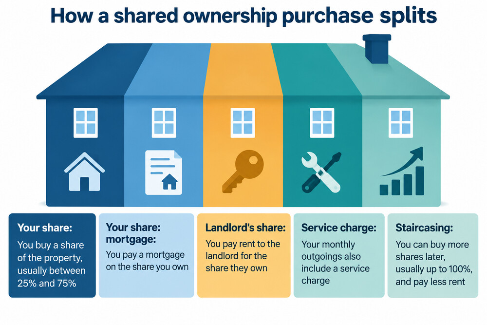 A diagram showing how a shared ownership purchase splits between the share you own and the share you rent
