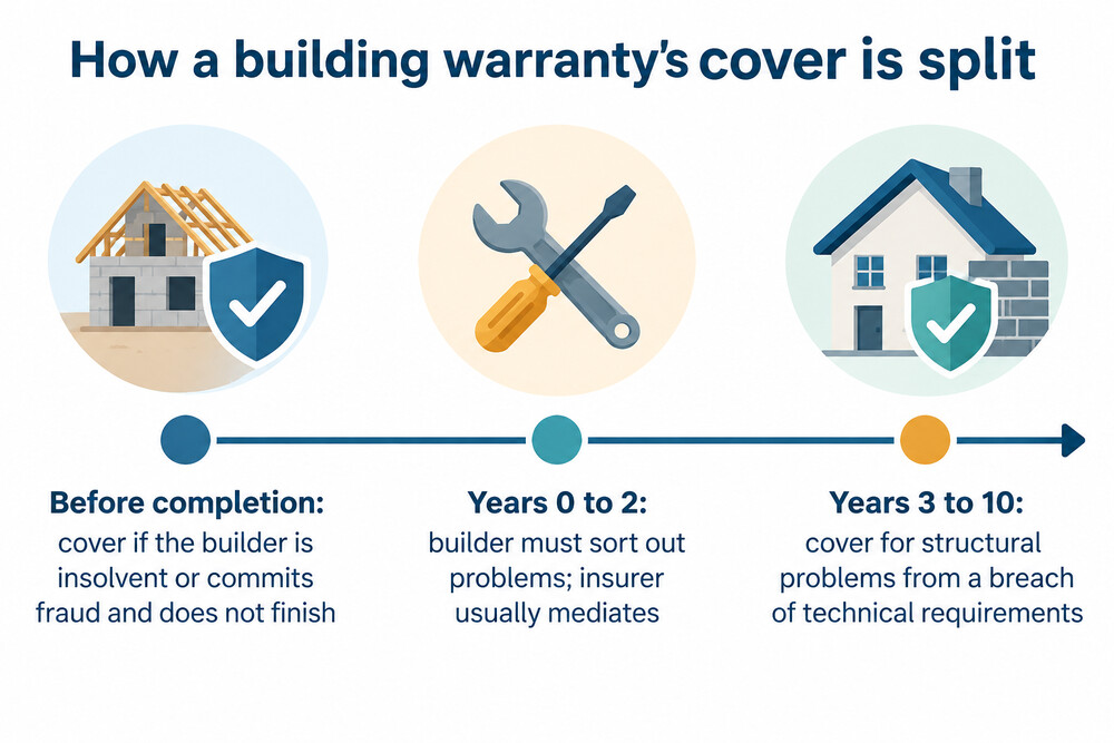 A timeline of a building warranty from the build stage through years 0 to 2 and years 3 to 10