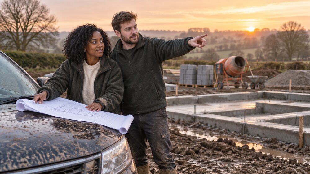 A couple in work clothes study building plans on a car bonnet at a muddy self-build plot.