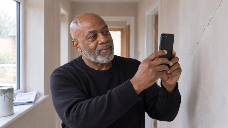 A man photographs a crack in a newly plastered wall with his smartphone.