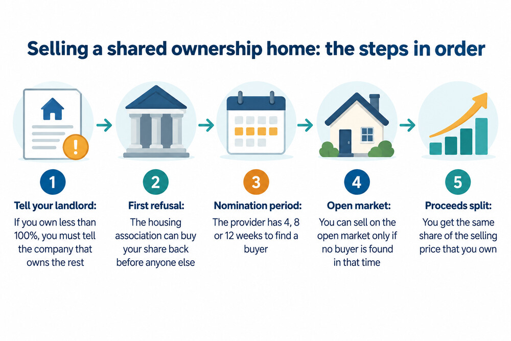 A timeline showing the stages of a shared ownership sale from reading the lease to completion