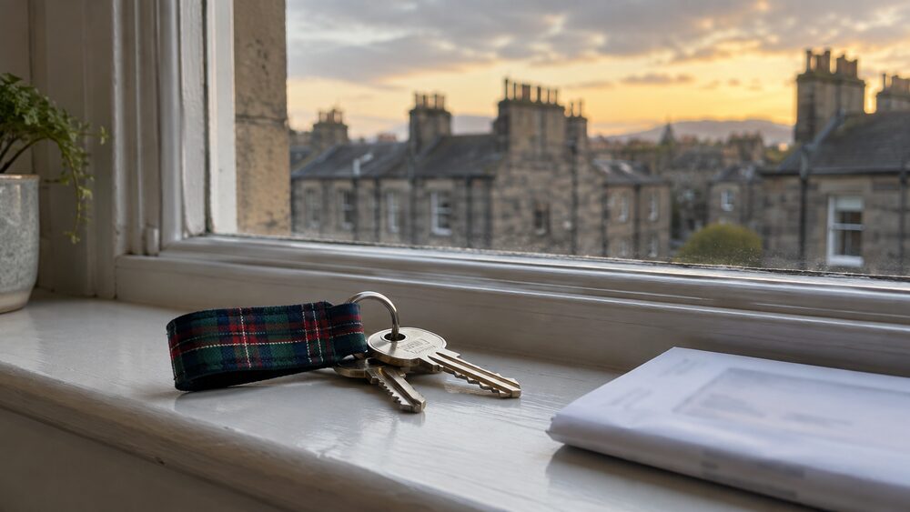 House keys on a tartan keyring rest on a window ledge beside a folded letter, with rooftops visible outside.