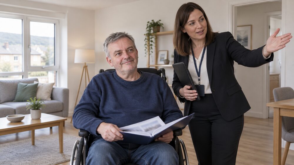 A man in a wheelchair holds paperwork while an officer shows him around a bright flat.