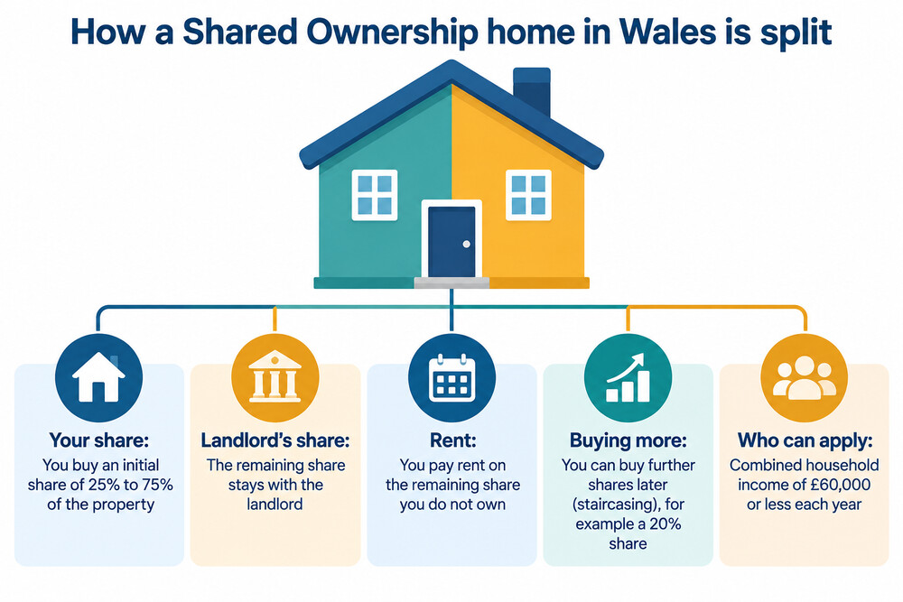 A diagram-style illustration showing a Welsh home split into a bought share and a rented share, with a mortgage on one part and rent paid to a housing association on the other