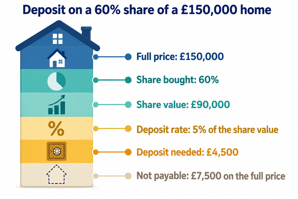 A worked example showing a 5% deposit calculated on a 60% share of a £150,000 home