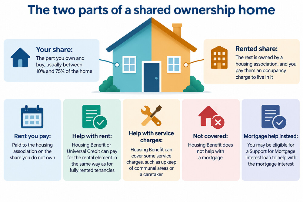 A shared ownership home split between the owned share and the rented share, with the rent going to the housing association