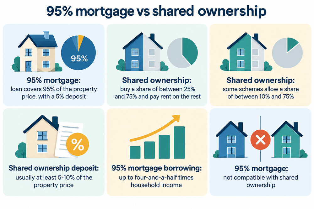 A simple side-by-side showing a 95% mortgage buying the whole home and shared ownership buying part with rent on the rest