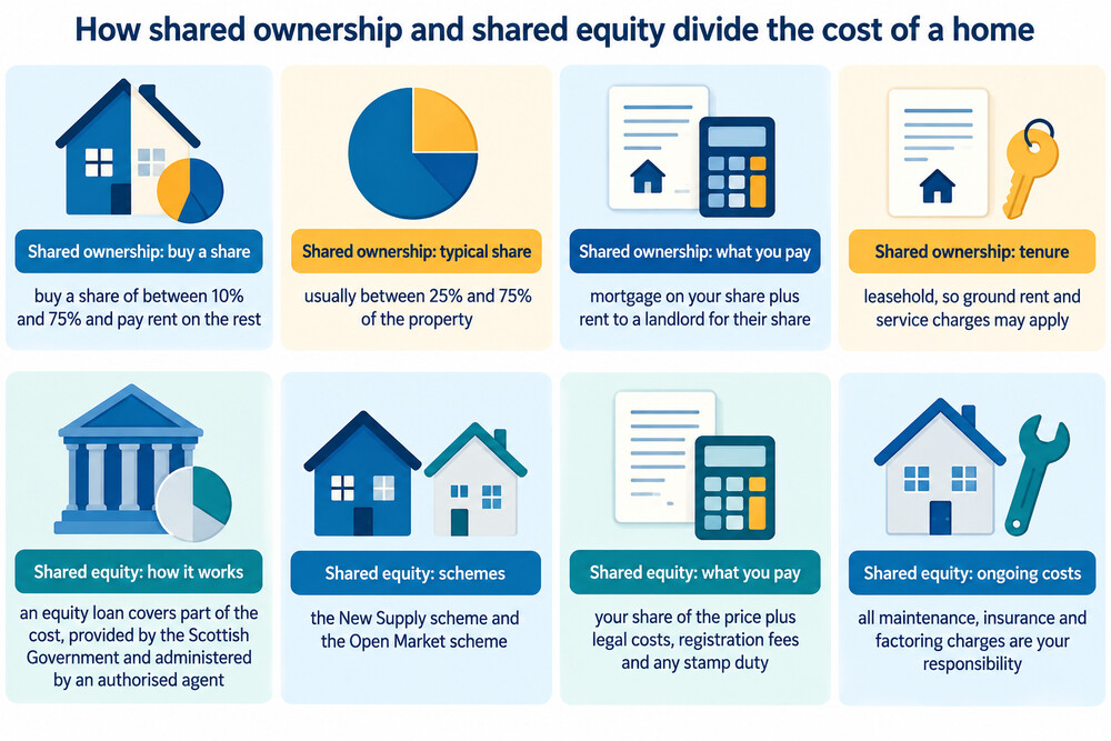 A side-by-side diagram showing how shared ownership and shared equity divide the cost of a home