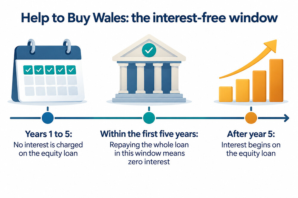 A timeline showing the Help to Buy Wales interest-free period and when interest begins