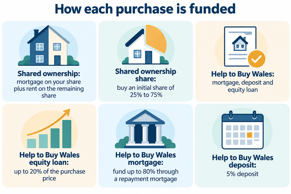 A simple side-by-side showing how a shared ownership purchase and a Help to Buy Wales purchase are each funded