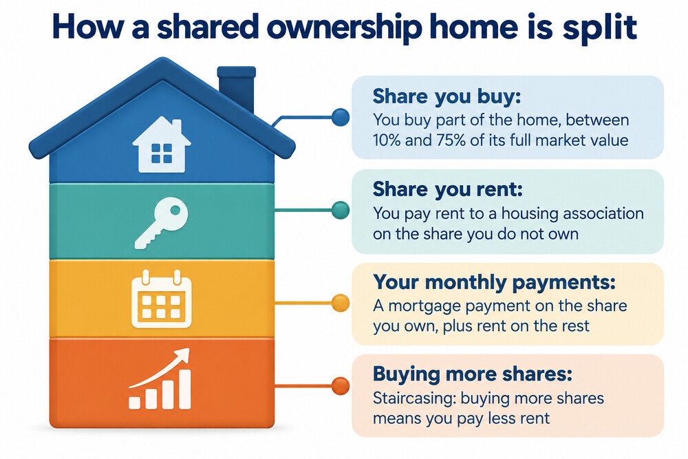 A simple bar showing a home split into the share a buyer owns and the share rented from a housing association
