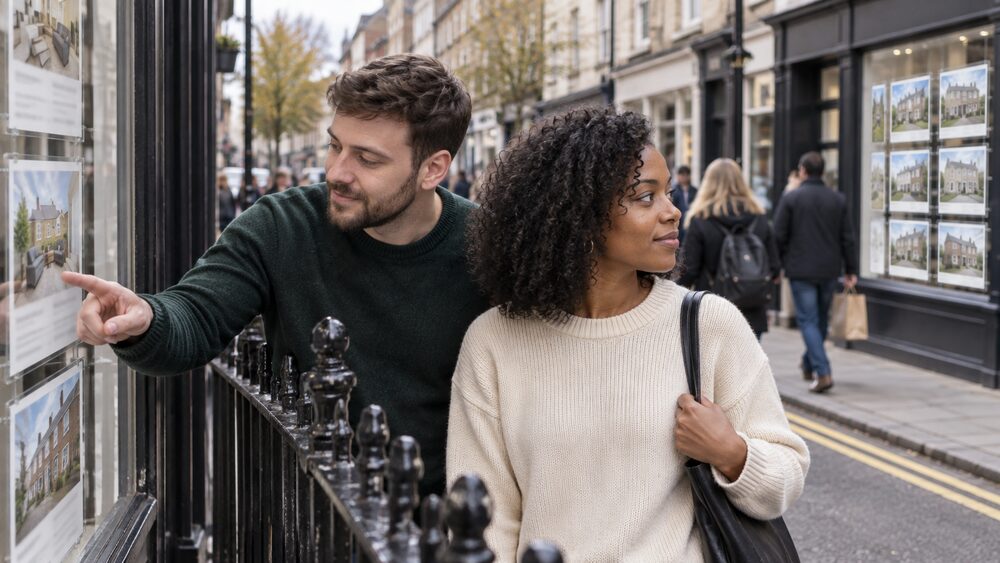 A couple stand at a letting agency window on a high street, one pointing at a rental card while the other looks across the road.