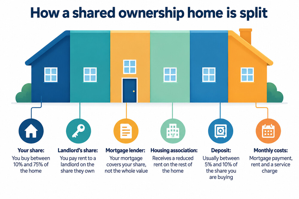 A diagram of a shared ownership home split between the buyer's owned share and the housing association's rented share