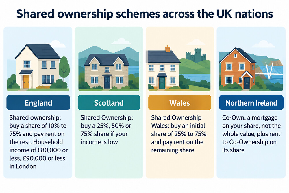 A map showing the different low-cost home ownership schemes in England, Scotland, Wales and Northern Ireland
