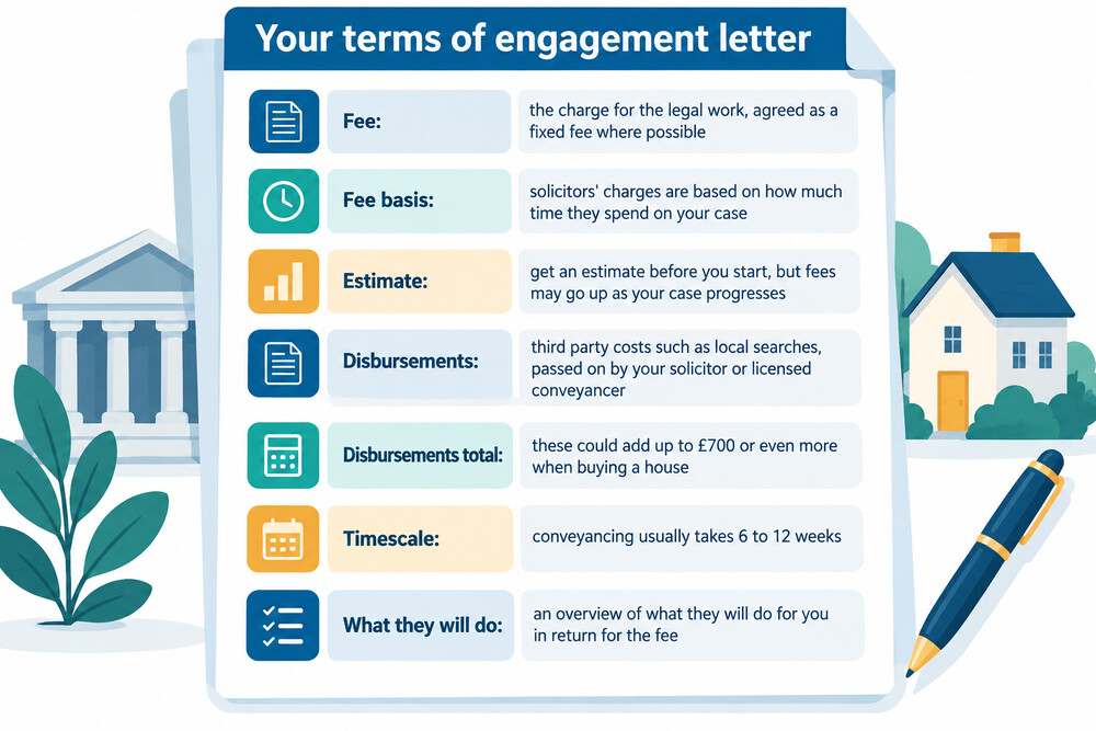 A page from a conveyancing terms of engagement letter showing the fee, the disbursements and the estimate of how long the work will take