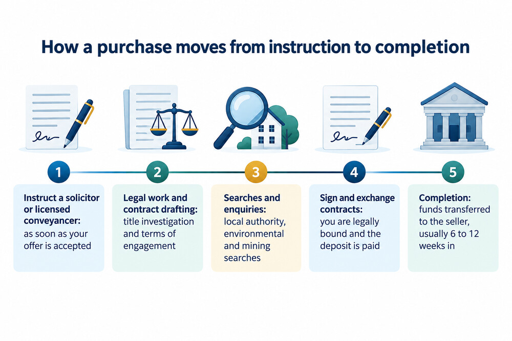 A timeline showing the stages of a purchase from instruction through searches and enquiries to exchange and completion