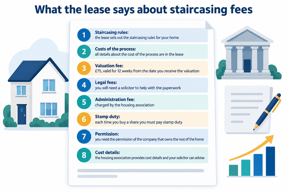 A lease document open at the clause setting out staircasing and the fees payable