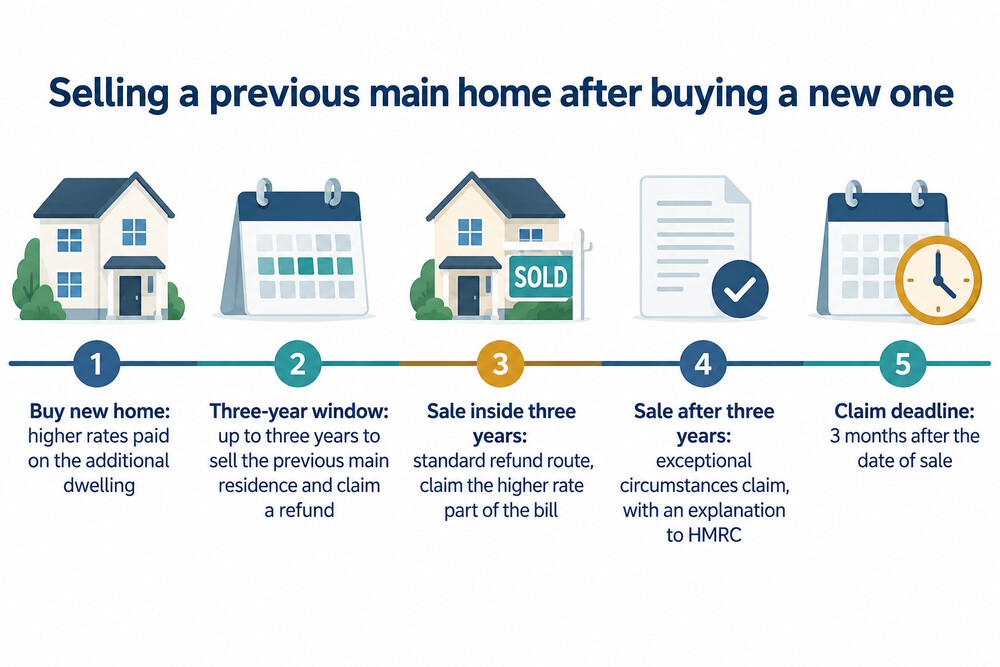 A timeline showing a new home purchase, the three-year window, and a late sale with an exceptional circumstances claim
