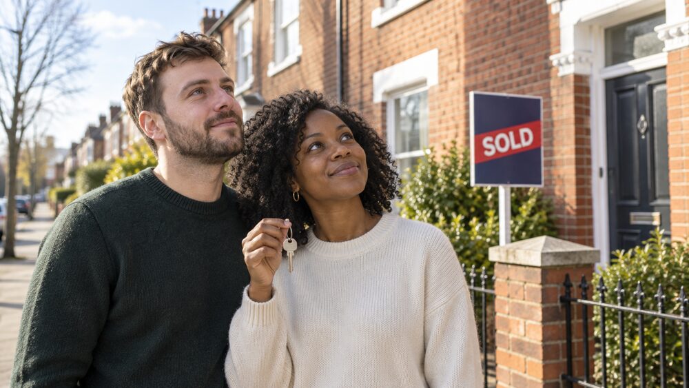 A couple stand on the pavement looking up at a terraced house, one holding up a front door key, with a sold board in the garden.