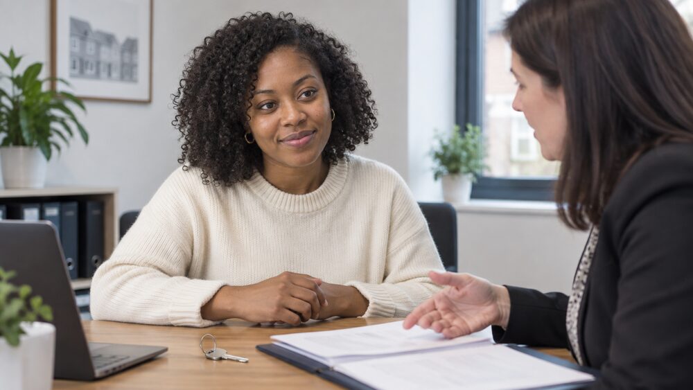 A woman sits at a desk with a solicitor, a key and paperwork between them.