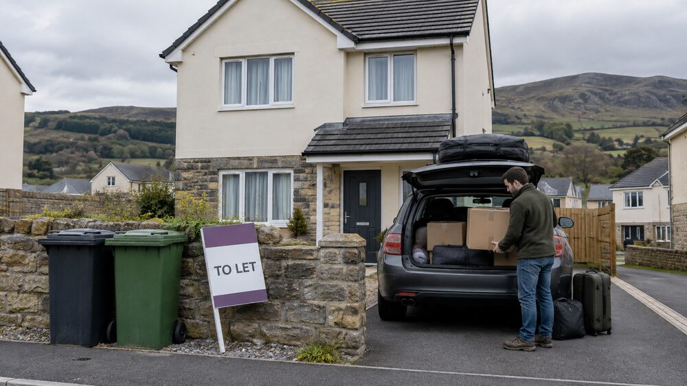 A new-build house with curtains drawn has a to let board leaning on the garden wall and a car packed with boxes on the drive.