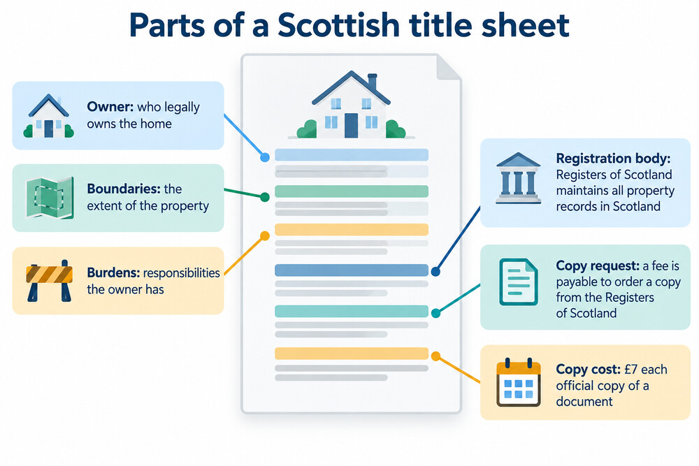 A title sheet from Registers of Scotland showing the owner's name, the property description and any burdens
