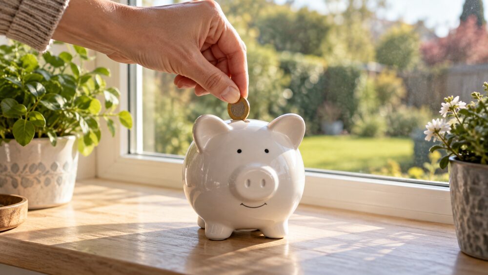 A coin going into a piggy bank on a windowsill