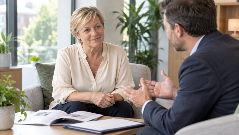 A woman in her sixties sits in an armchair talking with an adviser in a bright office, a brochure and folder on the table.