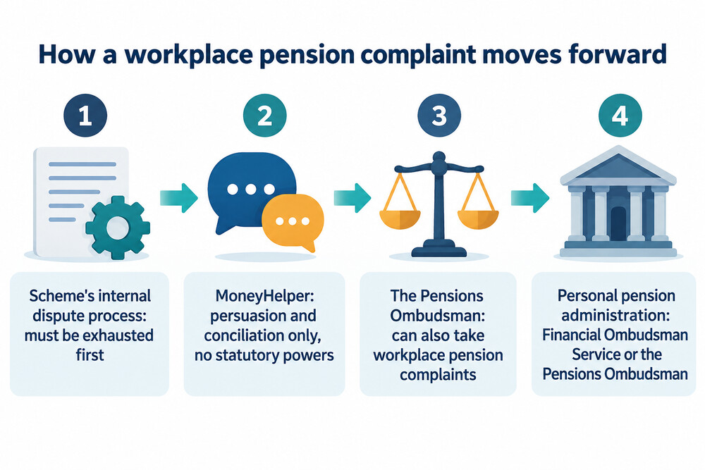 The route a pension complaint takes, from the scheme's own process to MoneyHelper or an ombudsman