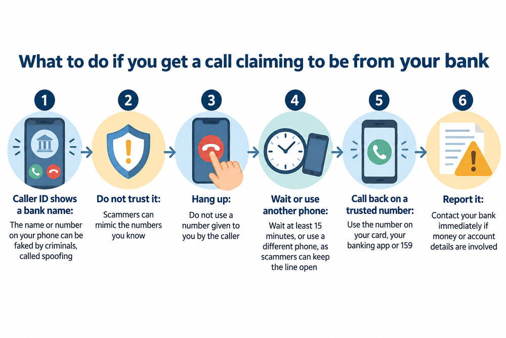 A phone screen showing a call from a bank's name, with a warning label over it