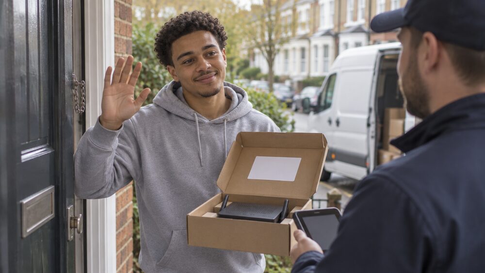 A young man hands a boxed broadband router to a courier at his front door, waving goodbye with a van at the kerb.