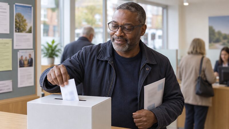 A man drops a folded paper into a ballot box in a building society branch.
