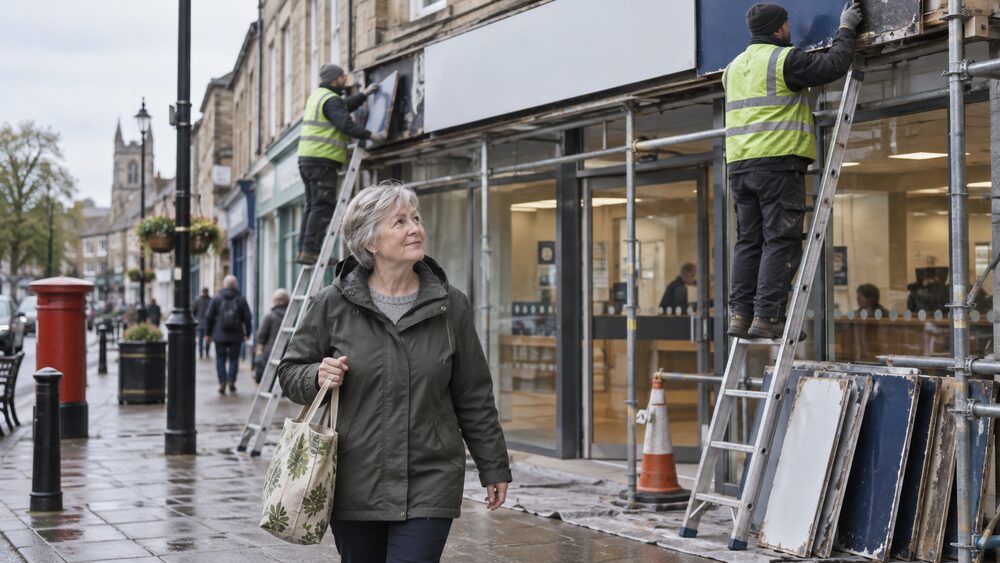 Workmen on ladders change the fascia of a building society branch while an older woman with a shopping bag walks past.