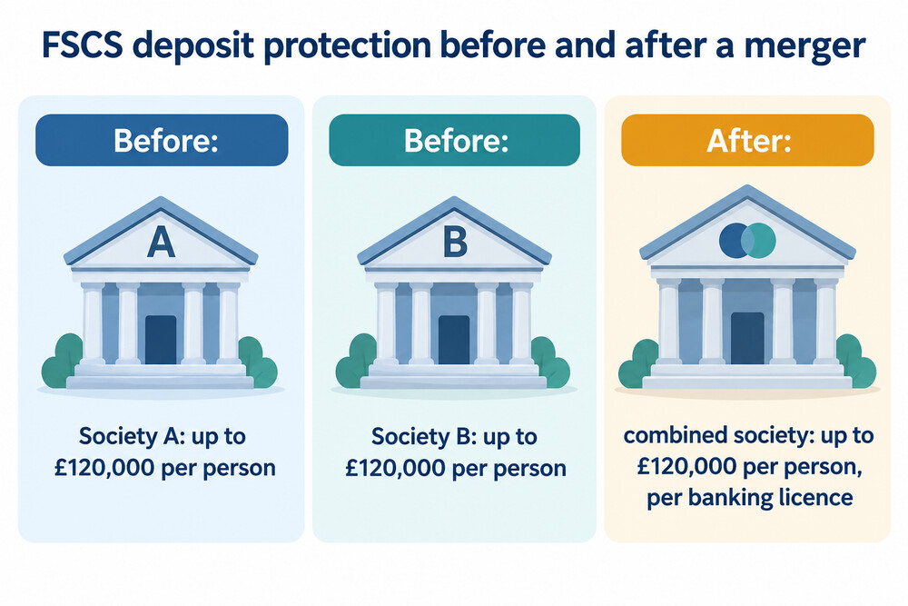 A diagram showing how FSCS deposit protection is counted before and after a building society merger