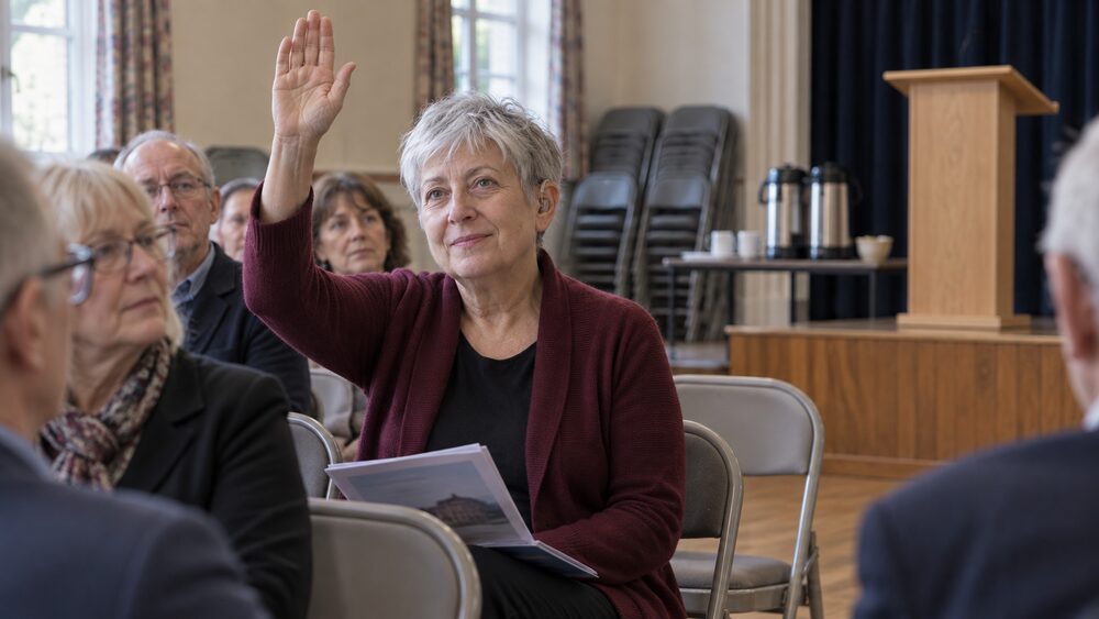 A woman with her hand raised sits among rows of chairs in a community hall, a folder on her lap and a lectern at the front.